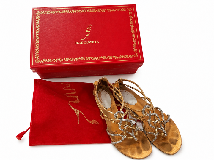 René Caovilla Crystal Embellished Flat Sandals – Gold – EU 36 ladies