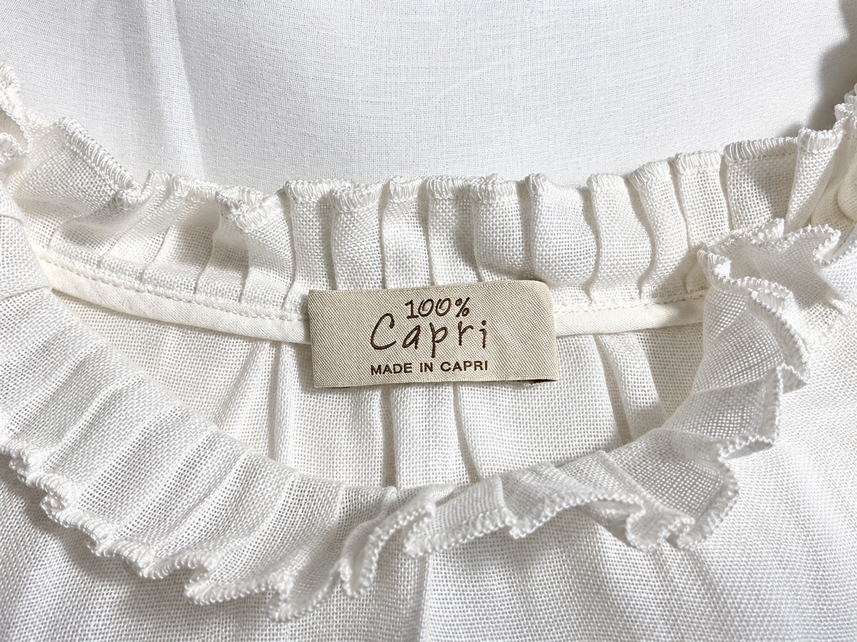 100% Capri White Linen Oversized Ruffle Top ladies