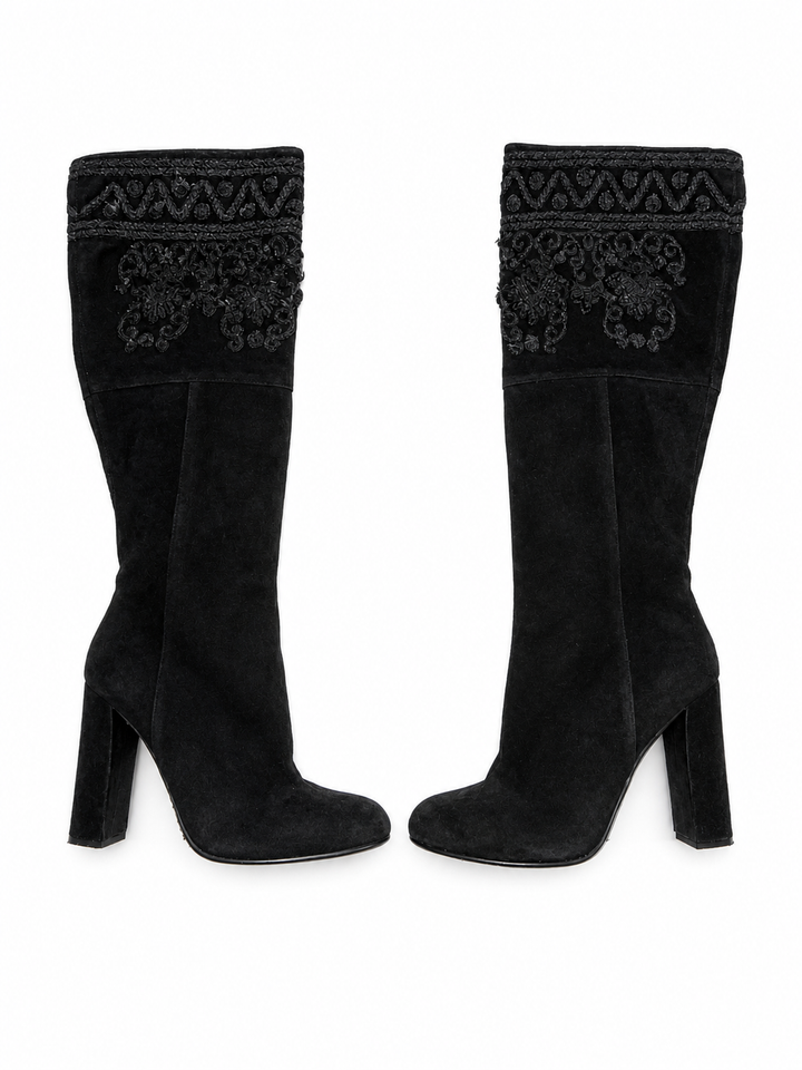 ETRO BLACK SUEDE EMBROIDERED KNEE LENGHT BOOTS SIZE 38 LADIES