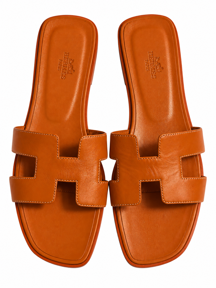 Hermès Oran H Leather Slide Sandals – Orange – Size 38.5 ladies