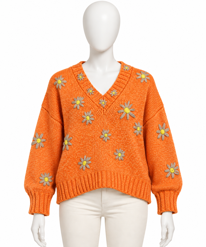 Mira Mikati Orange Daisy Embroidered Oversized V-Neck Jumper – EU 38 ladies