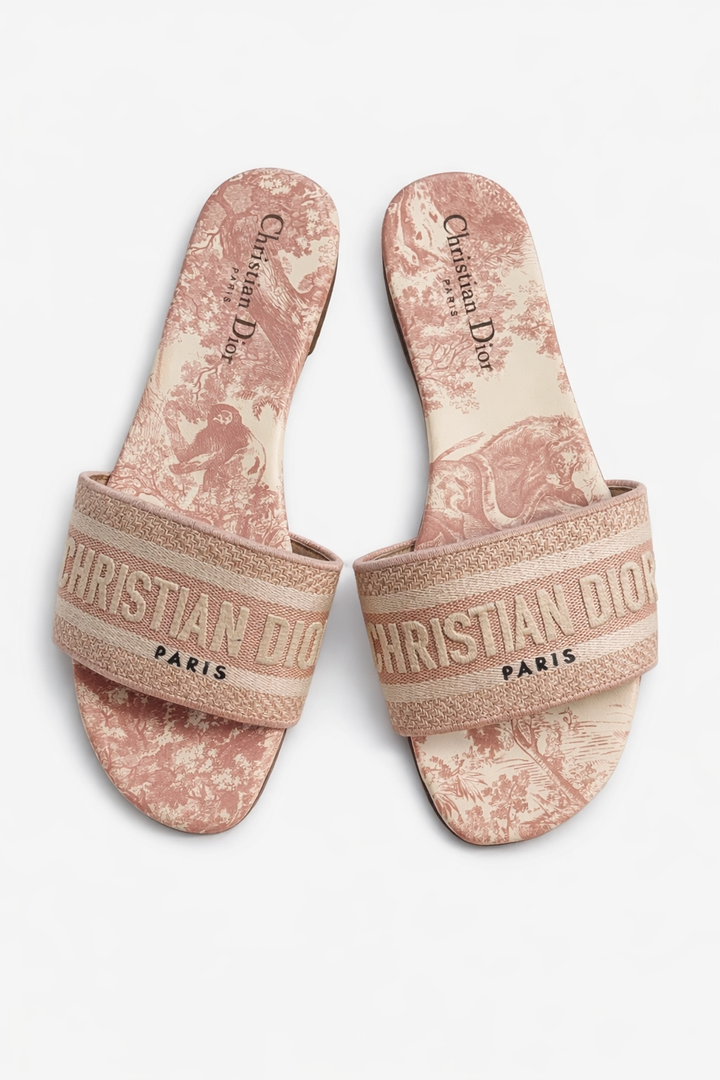 CHRISTIAN DIOR Dior Pink/Cream Fabric Dway Flat Slides Slippers Size 38 1/2 ladies