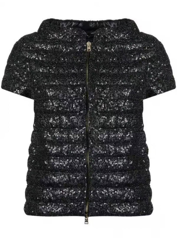 HERNO Sequin Short-Sleeve Down Feather Puffer Jacket Size I 42 ladies