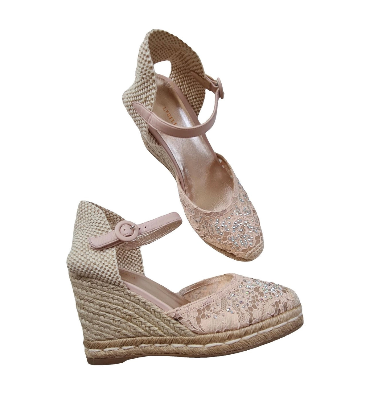 LE SILLA ESPADRILLES WEDGES LACE CRYSTALS SHOES SIZE 38 LADIES