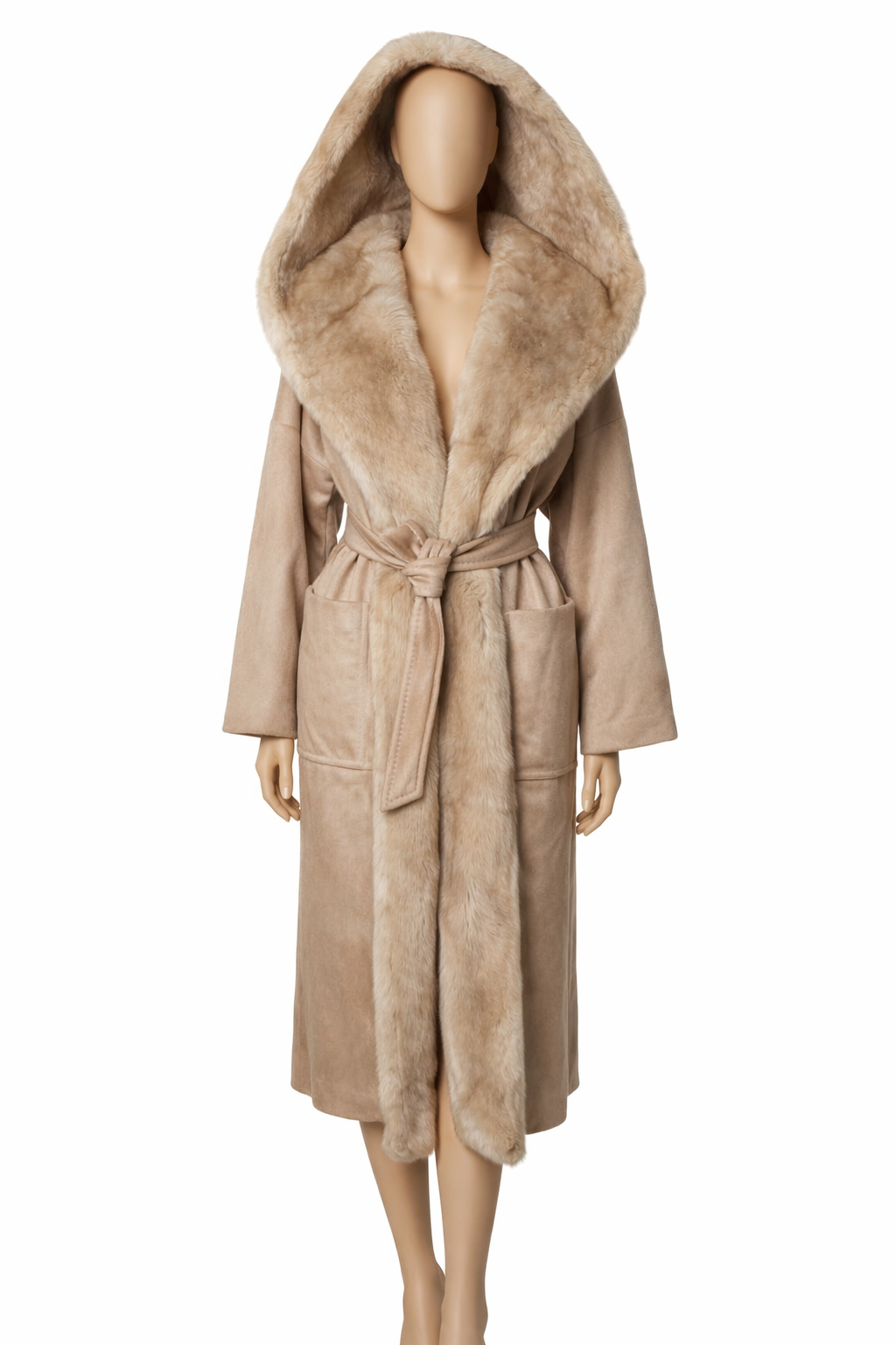 MAX MARA Marilyn hooded beige cashmere wrap coat with mink fur trim size UK 4 F 34 US 2 ladies