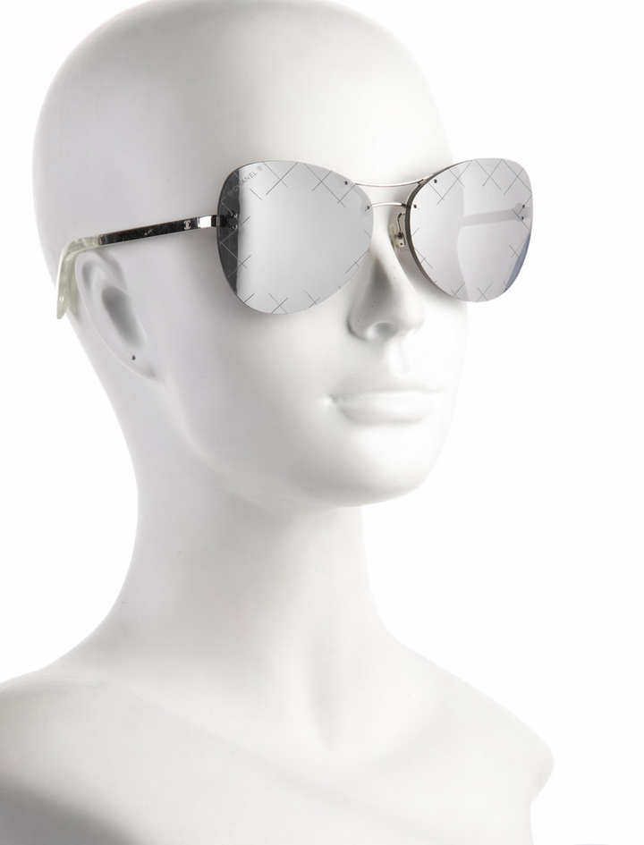 Chanel Silver/Black 4218 Mirror Quilted Rimless Aviator Pilot Sunglasses ladies