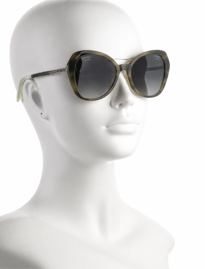 CHANEL Green Plastic Faceted Frame Crystal Arms Sunglasses - 5375 ladies