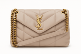 YSL Saint Laurent Lambskin Quilted Small Loulou Puffer Monogram Chain Satchel Beige Ladies