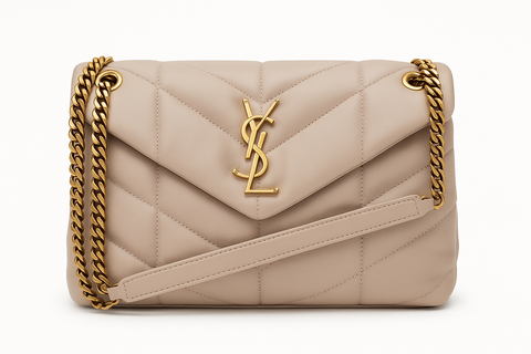 YSL Saint Laurent Lambskin Quilted Small Loulou Puffer Monogram Chain Satchel Beige Ladies