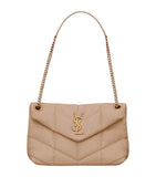 YSL Saint Laurent Lambskin Quilted Small Loulou Puffer Monogram Chain Satchel Beige Ladies