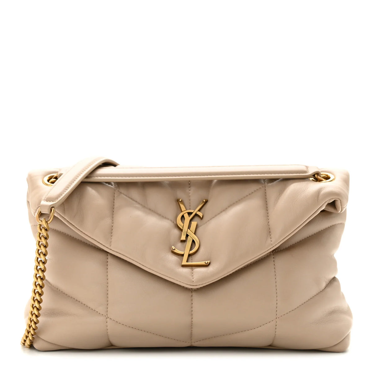 YSL Saint Laurent Lambskin Quilted Small Loulou Puffer Monogram Chain Satchel Beige Ladies