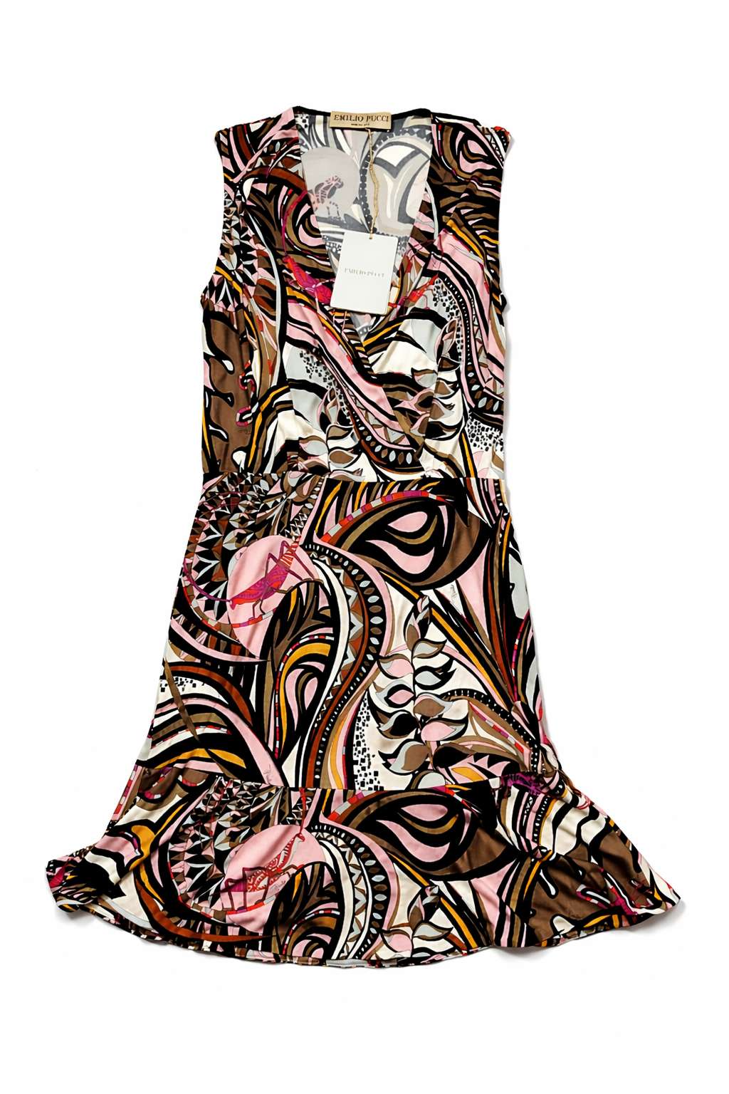 Emilio Pucci White Brown Red Pink Grasshopper Print A-Line Mini Dress Size I 40 ladies