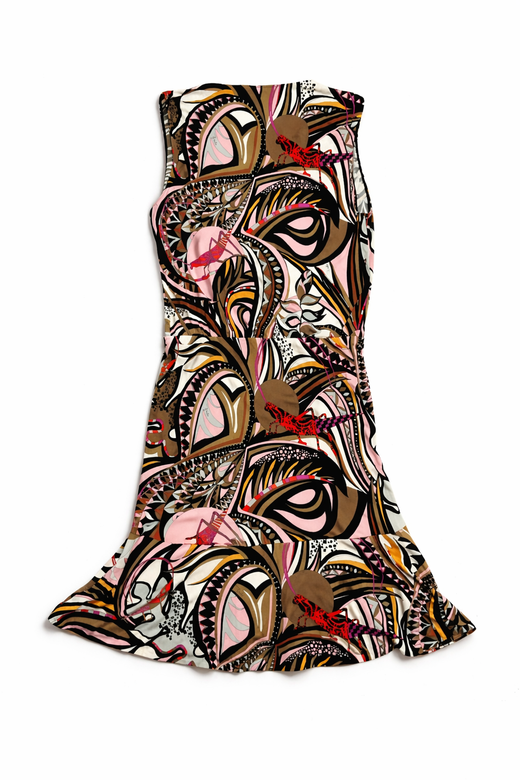 Emilio Pucci White Brown Red Pink Grasshopper Print A-Line Mini Dress Size I 40 ladies