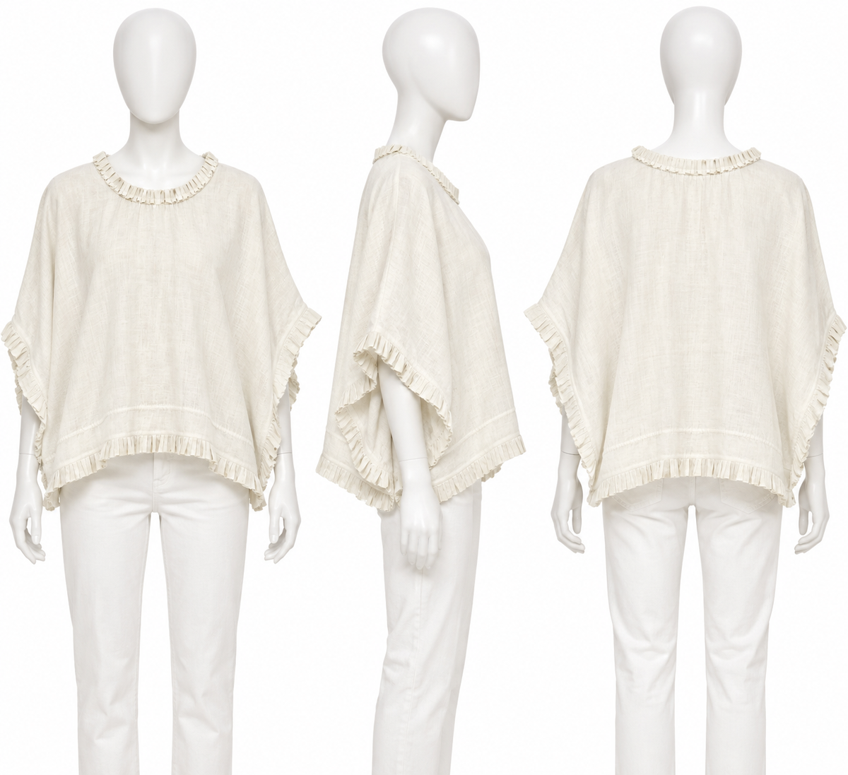 100% Capri White Linen Oversized Ruffle Top ladies