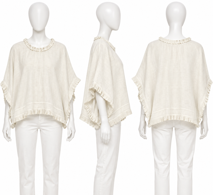100% Capri White Linen Oversized Ruffle Top ladies
