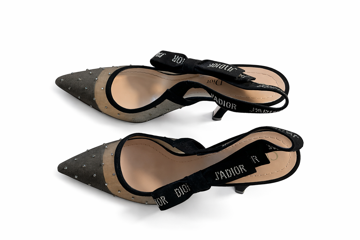 CHRISTIAN DIOR J'Adior Slingback Heels Crystals Black Size 37 1/2 ladies