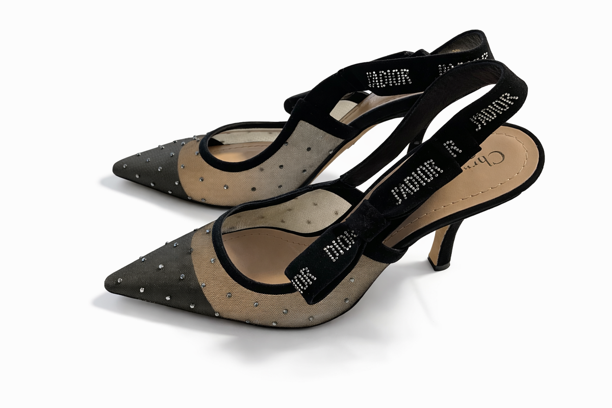 CHRISTIAN DIOR J'Adior Slingback Heels Crystals Black Size 37 1/2 ladies