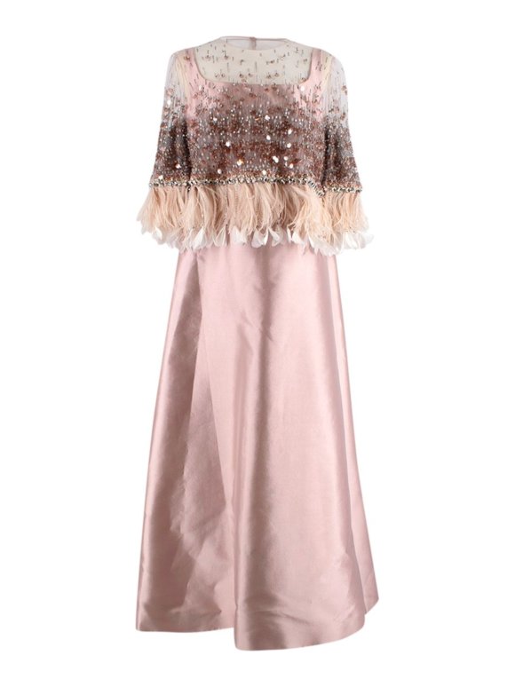 Prada Pink Silk A-line Gown with Crystal & Feather Embellished Cape Overlay Size I 44 L large ladies