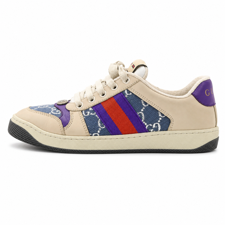 Gucci Calfskin Lame GG Monogram Web Womens Screener Sneakers Size 39 ladies