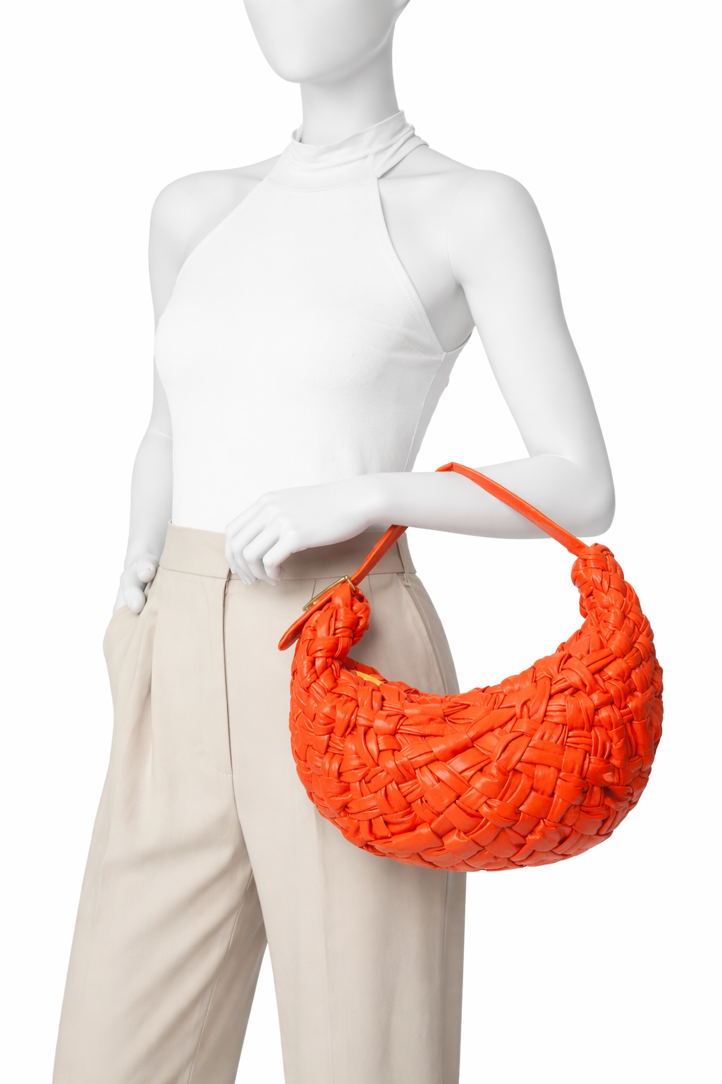 Bottega Veneta Leather Intrecciato Banana Shoulder Bag Orange ladies