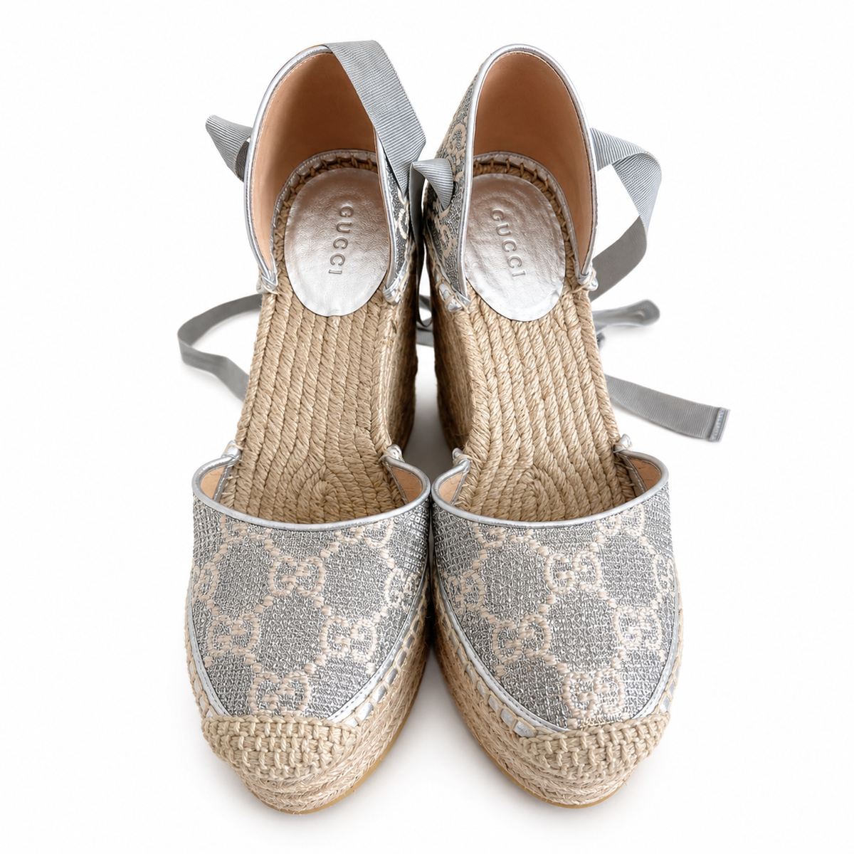 Gucci Silver Glitter Espadrille Wedge Sandals with Tie Closure size 38 ladies
