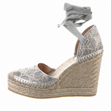 Gucci Silver Glitter Espadrille Wedge Sandals with Tie Closure size 38 ladies