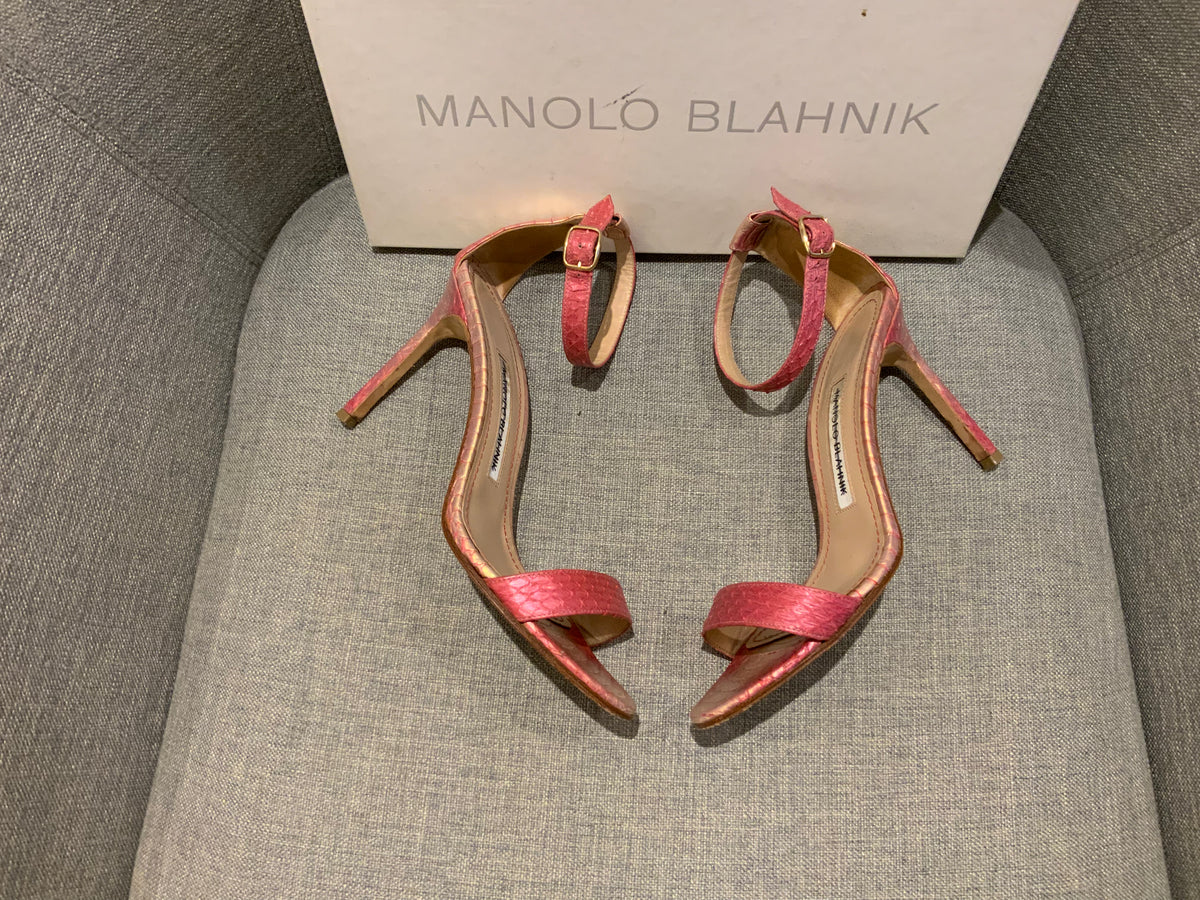 Manolo Blahnik Gold Pink Snakeskin Leather Chaos 95mm Sandals SIZE 36 36 1/2 ladies