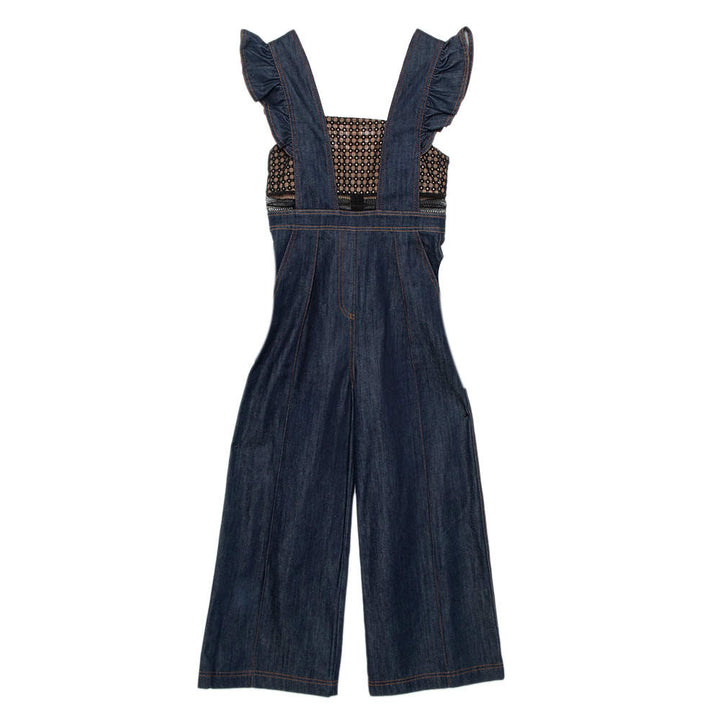 SELF-PORTRAIT Navy Blue Denim & Lace Ruffle Sleeve Wide Leg Jumpsuit UK 8 US 4 ladies