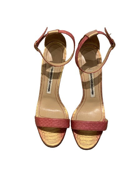 Manolo Blahnik Gold Pink Snakeskin Leather Chaos 95mm Sandals SIZE 36 36 1/2 ladies