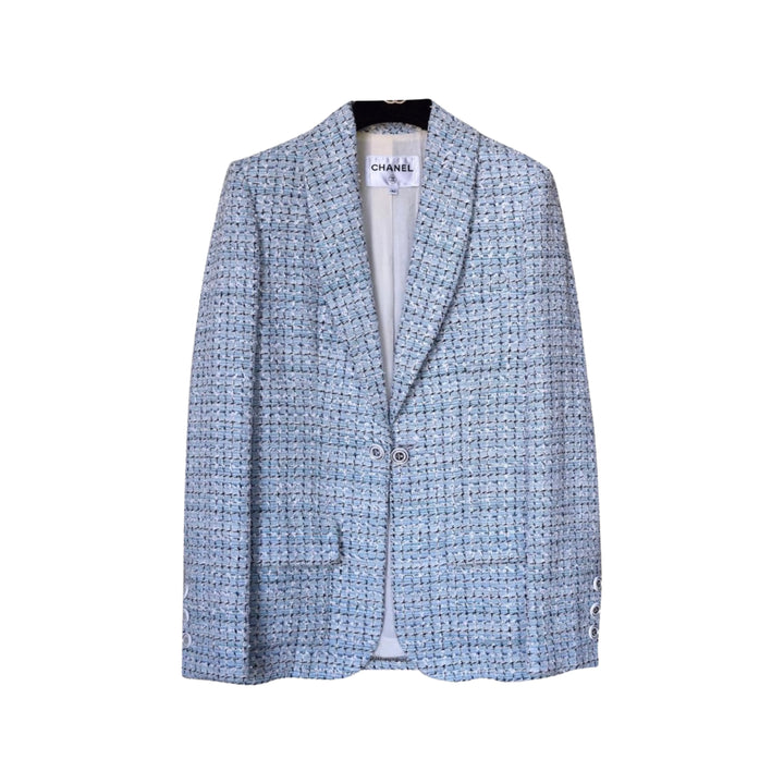Chanel 2019 Cruise LA PAUSA Fantasy Tweed Blazer Jacket White Blue Light blue ladies