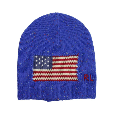 Ralph Lauren Polo Unisex Winter Beanie Hat In Blue Wool With American US Flag men