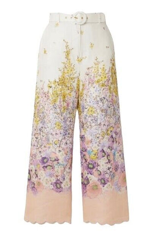 Zimmermann Jude Belted Scalloped Floral-Print Linen Wide-Leg Pants Size 1 S small ladies