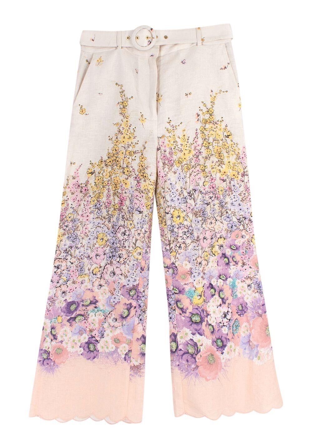 Zimmermann Jude Belted Scalloped Floral-Print Linen Wide-Leg Pants Size 1 S small ladies