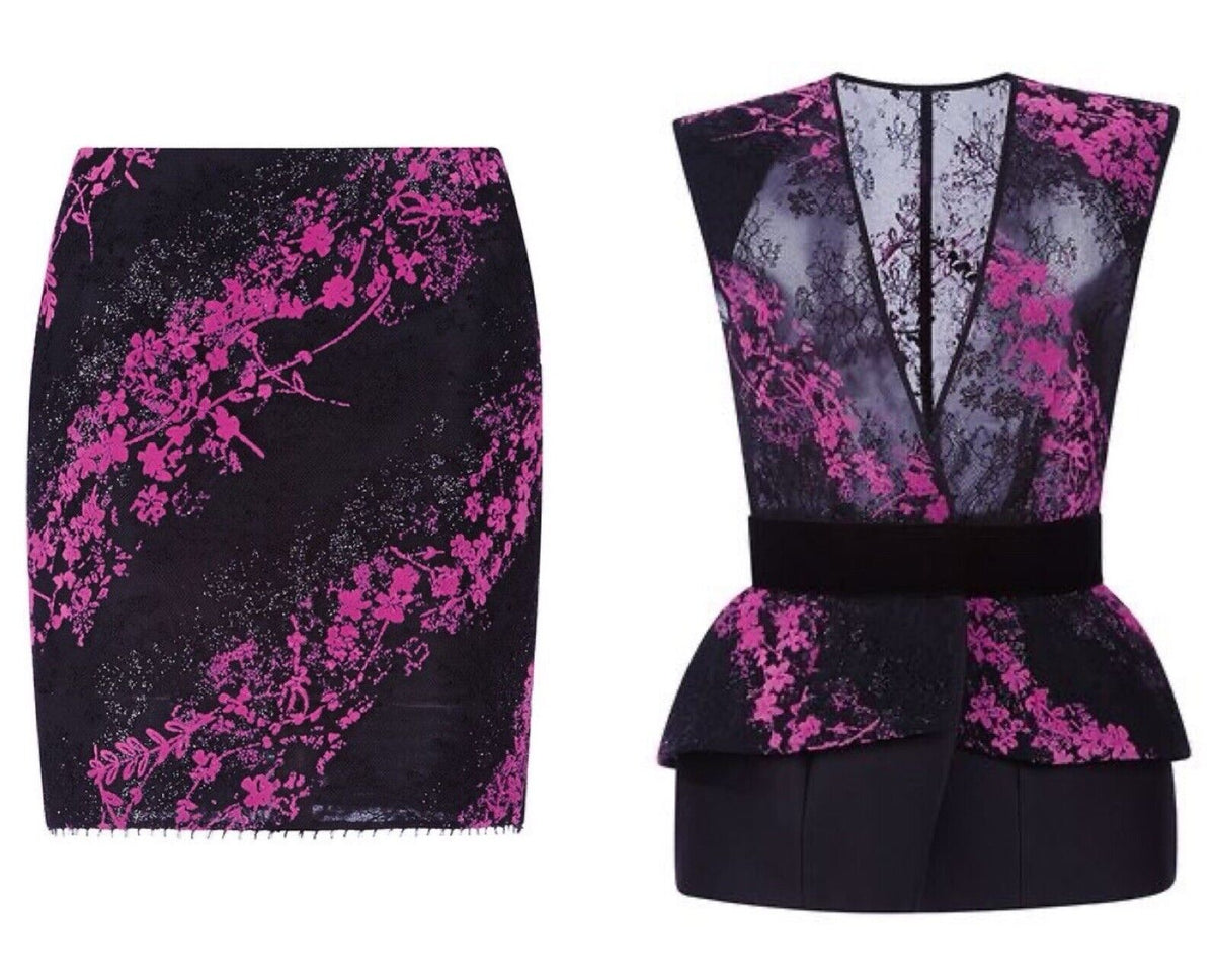 Antonio Berardi Pink Black Jacquard Skirt Suit Set Size I 42 UK 10 US 6 ladies