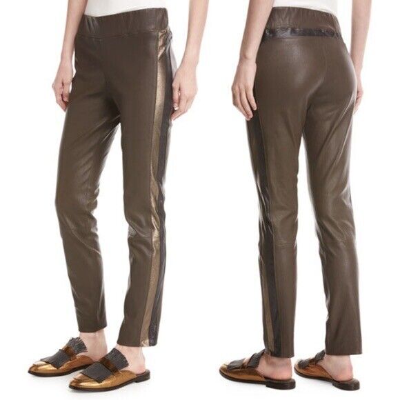 BRUNELLO CUCINELLI Brown Metallic Striped CROPPED TROUSERS PANTS Size M I 42 ladies