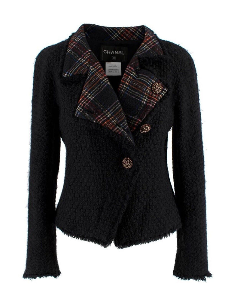 Chanel Iconic La Petit Vest Noir Tartan Trim Tweed Asymmetric Jacket F –  Afashionistastore