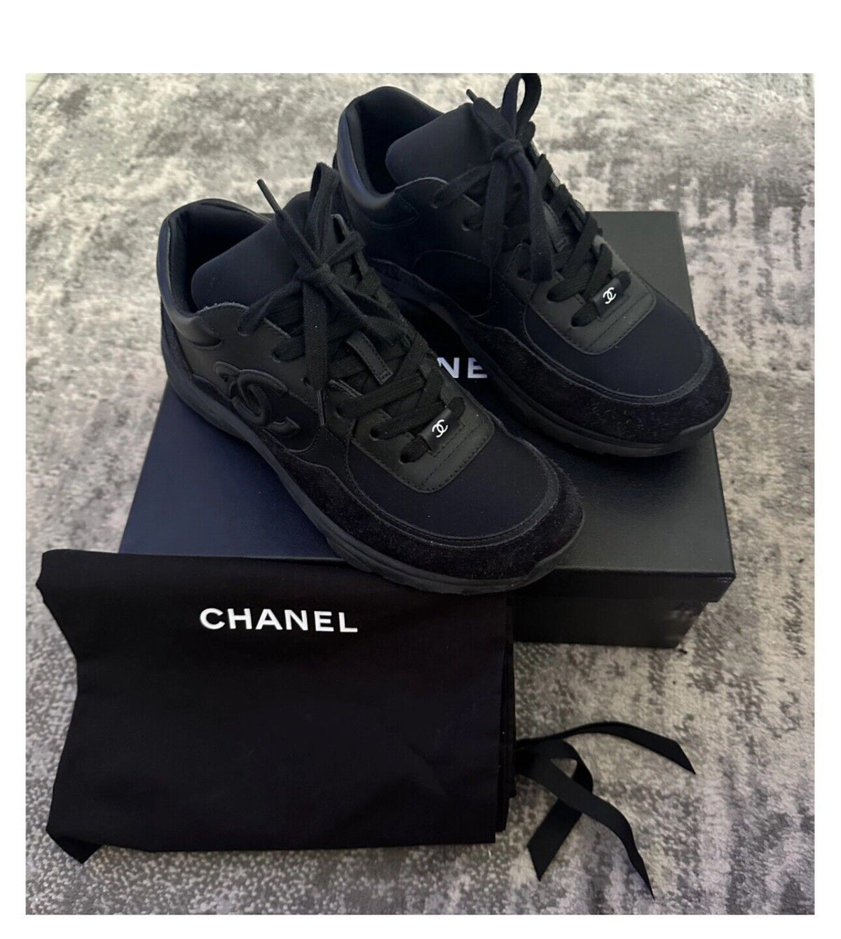 CHANEL Fabric Calfskin Suede CC Sneakers Trainers 37.5 UK4.5 US 7.5 ladies