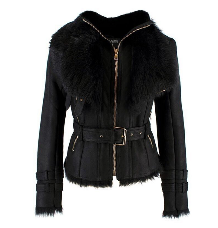Balmain Suede Leather Shearling Fur Trimmed Moto Biker Jacket Size F 36 UK 8 S ladies