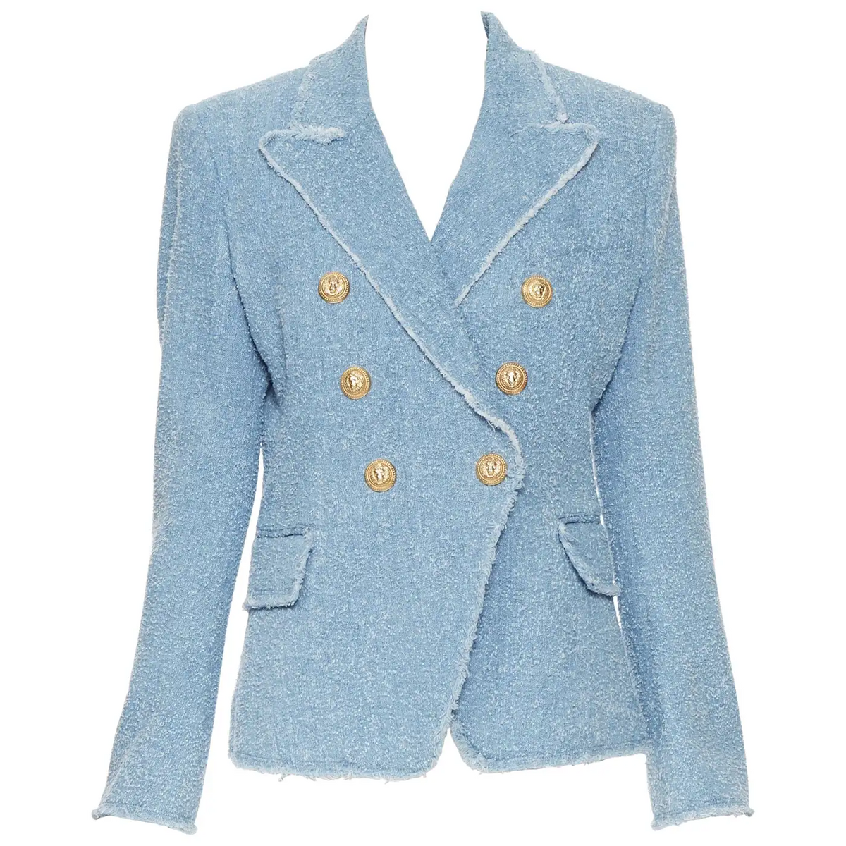 Balmain Double-breasted Cotton-blend Bouclé-tweed Blazer In Blue Size F 40 UK 12 ladies