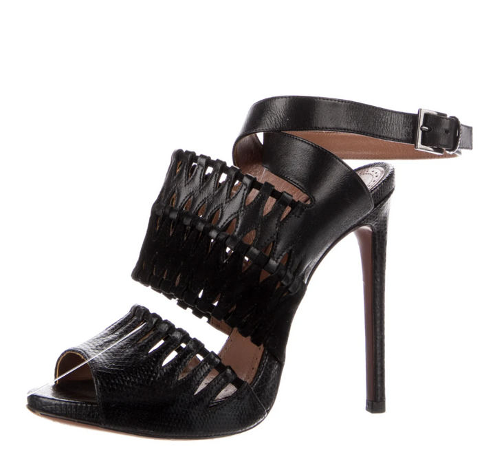 Azzedine Alaïa Black snakeskin suede-leather Lasercut Accents Sandals Hells 38 ladies