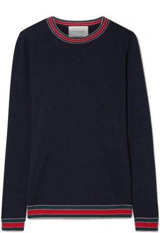 Gucci Navy Web Trim Wool Knit Pullover Sweater Jumper Size XS ladies