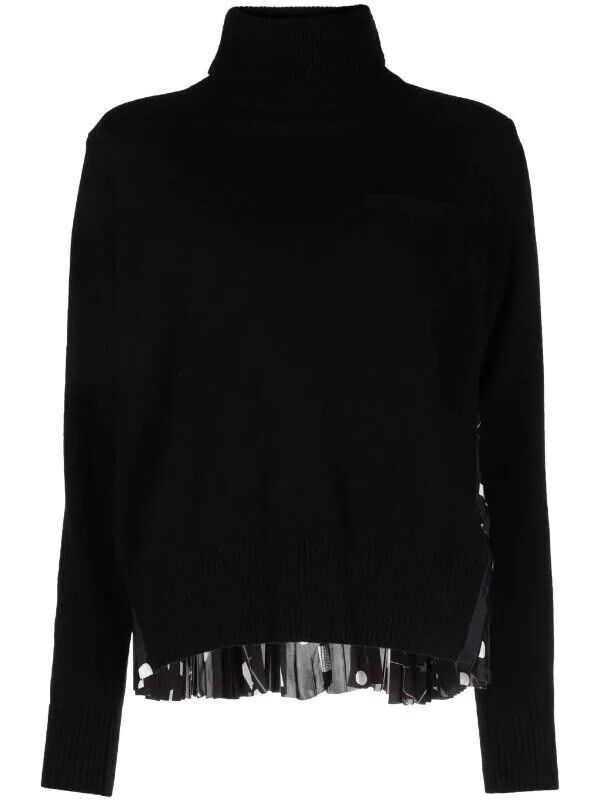 SACAI Contrast Pleated Navy Blue Wool Turtleneck Jumper Size M medium ladies