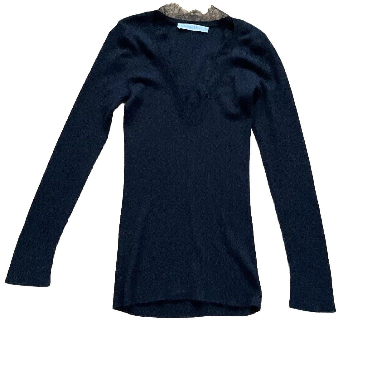 CHRISTIAN DIOR Black Cashmere Knit Lace Trim Jumper Sweater Pullover Size XS ladies
