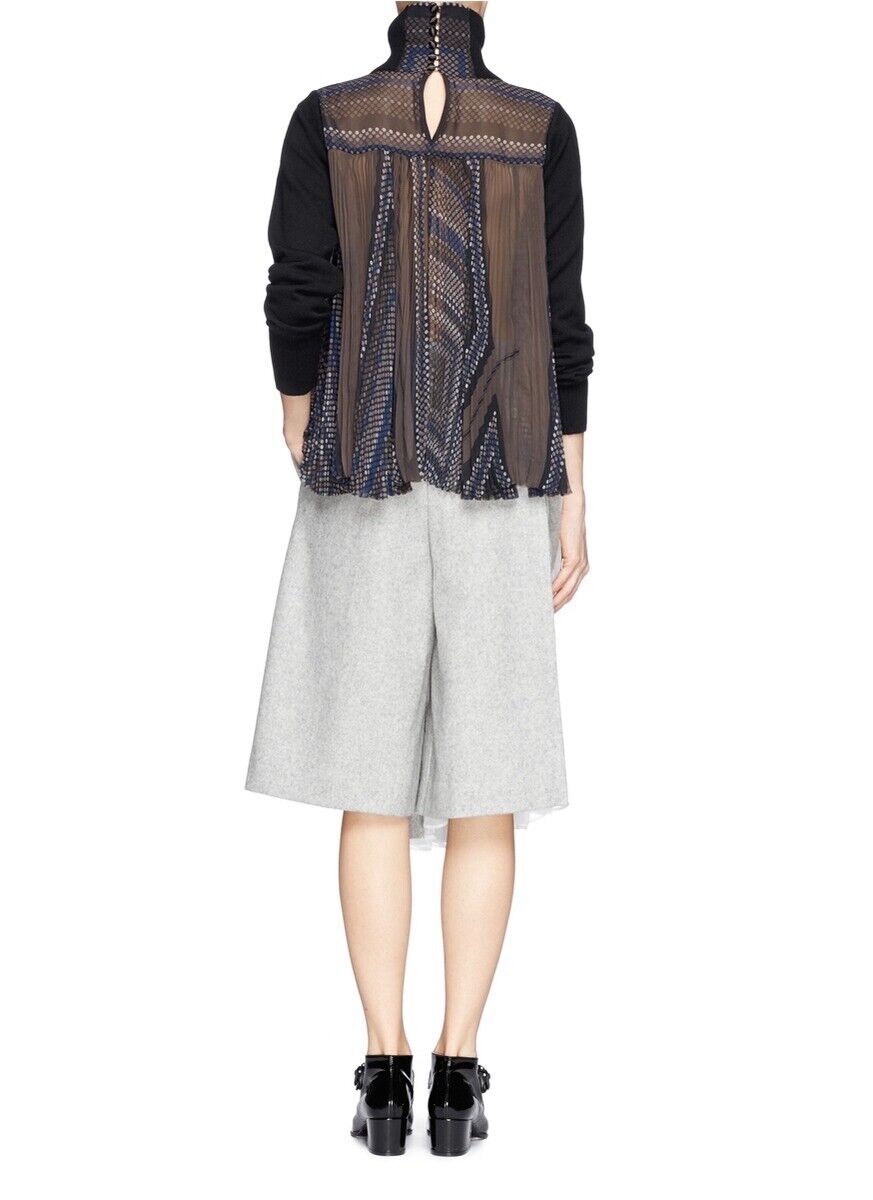 SACAI Contrast Pleated Navy Blue Wool Turtleneck Jumper Size M medium ladies