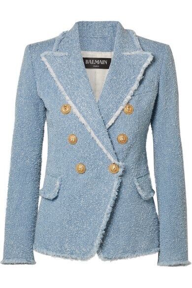 Balmain Double-breasted Cotton-blend Bouclé-tweed Blazer In Blue Size F 40 UK 12 ladies