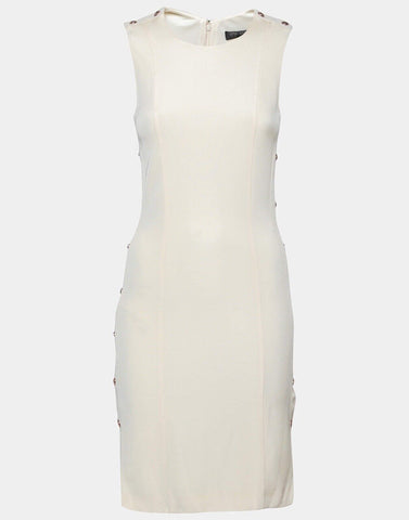 Versace Cream Knit Rose Gold Medusa Button Fitted Dress Size I 38 UK 6 Afashionistastore Versace Cream Knit Rose Gold Medusa Button Fitted Dress Size I 38 UK 6 Afashionistastore