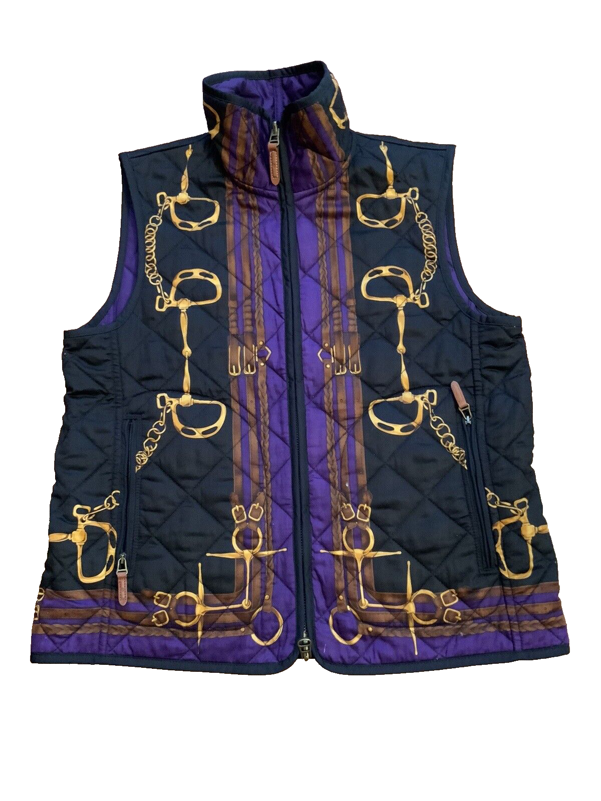 Ralph Lauren Reversible Equestrian Gold Chain Link Quilted Puffer Vest Gilet M ladies