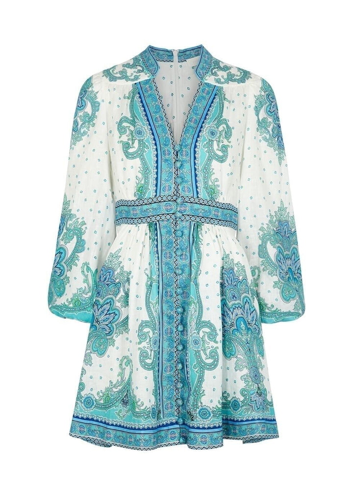 ZIMMERMANN Blue Bells Paisley-print Linen Mini Dress SIZE 2 M MEDIUM ladies