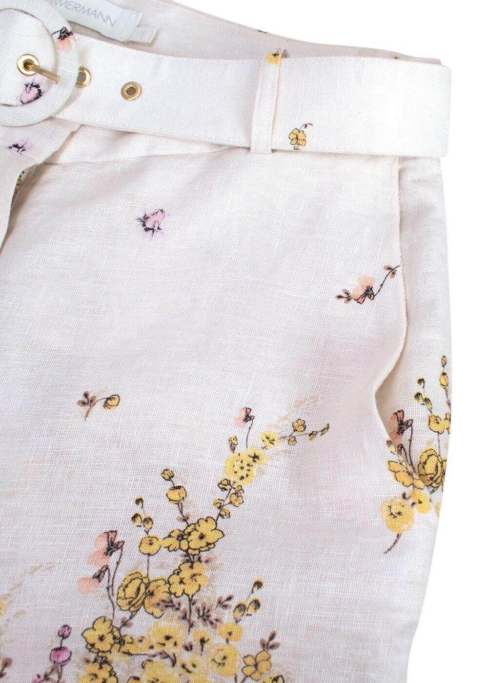 Zimmermann Jude Belted Scalloped Floral-Print Linen Wide-Leg Pants Size 1 S small ladies
