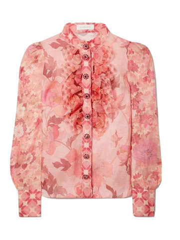 Zimmermann Pink Concert Ruffled Embellished Floral-print Blouse Size 4 XL ladies